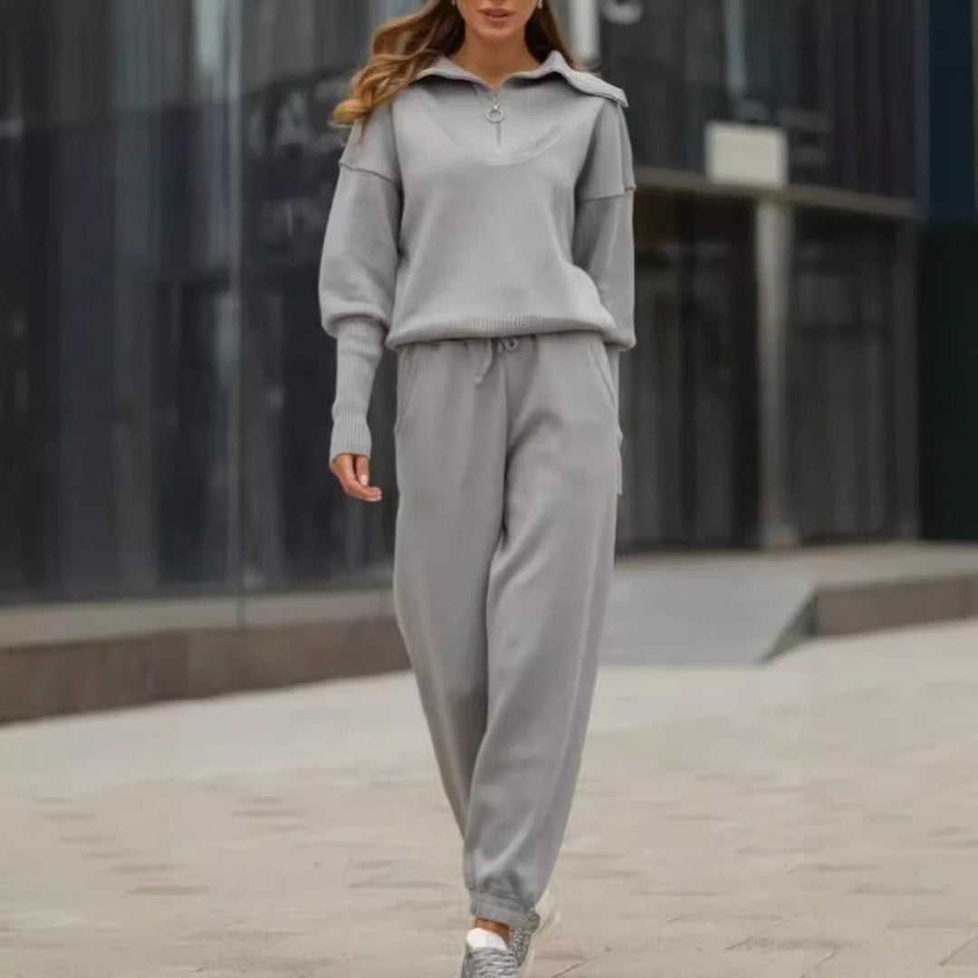Women's Long Sleeve Zipper Lapel Jumpsuit with Drawstring Pants