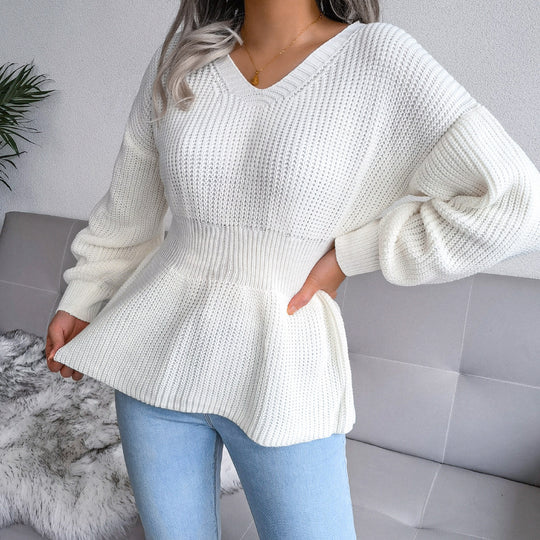 Autumn And Winter Lantern Sleeves Waist Hem Ruffle Knitted Sweater Women's Clothing