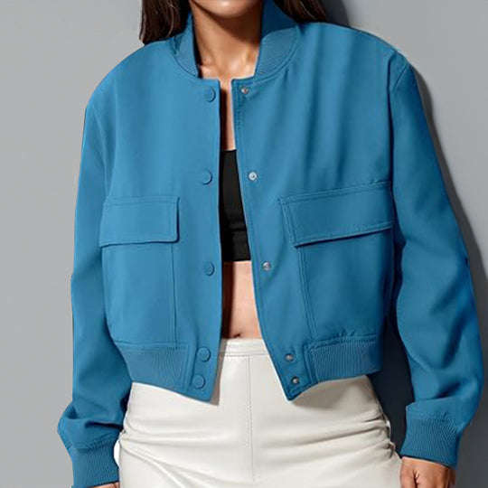 Women’s Casual Short Jacket with Big Pockets and Button-Up Stand Collar