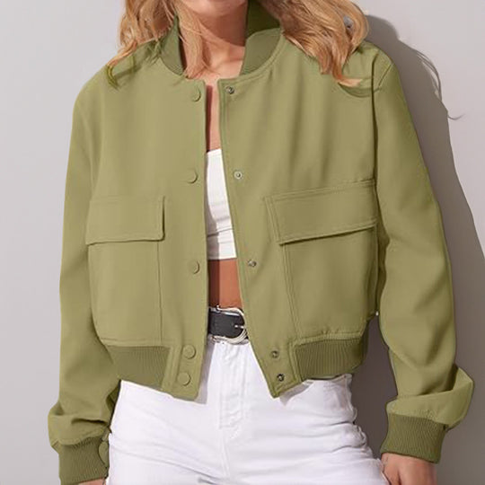 Women’s Casual Short Jacket with Big Pockets and Button-Up Stand Collar
