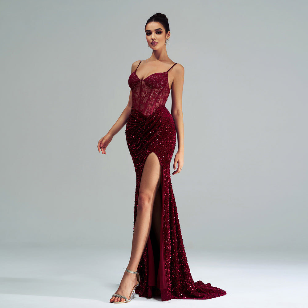 Sequined Spaghetti Strap High-Slit Dress