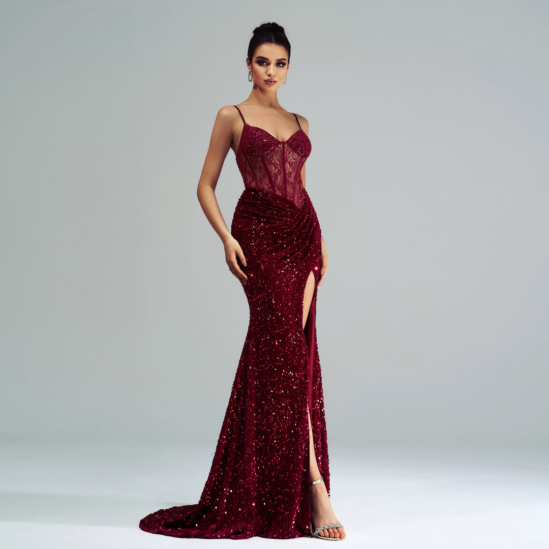 Sequined Spaghetti Strap High-Slit Dress