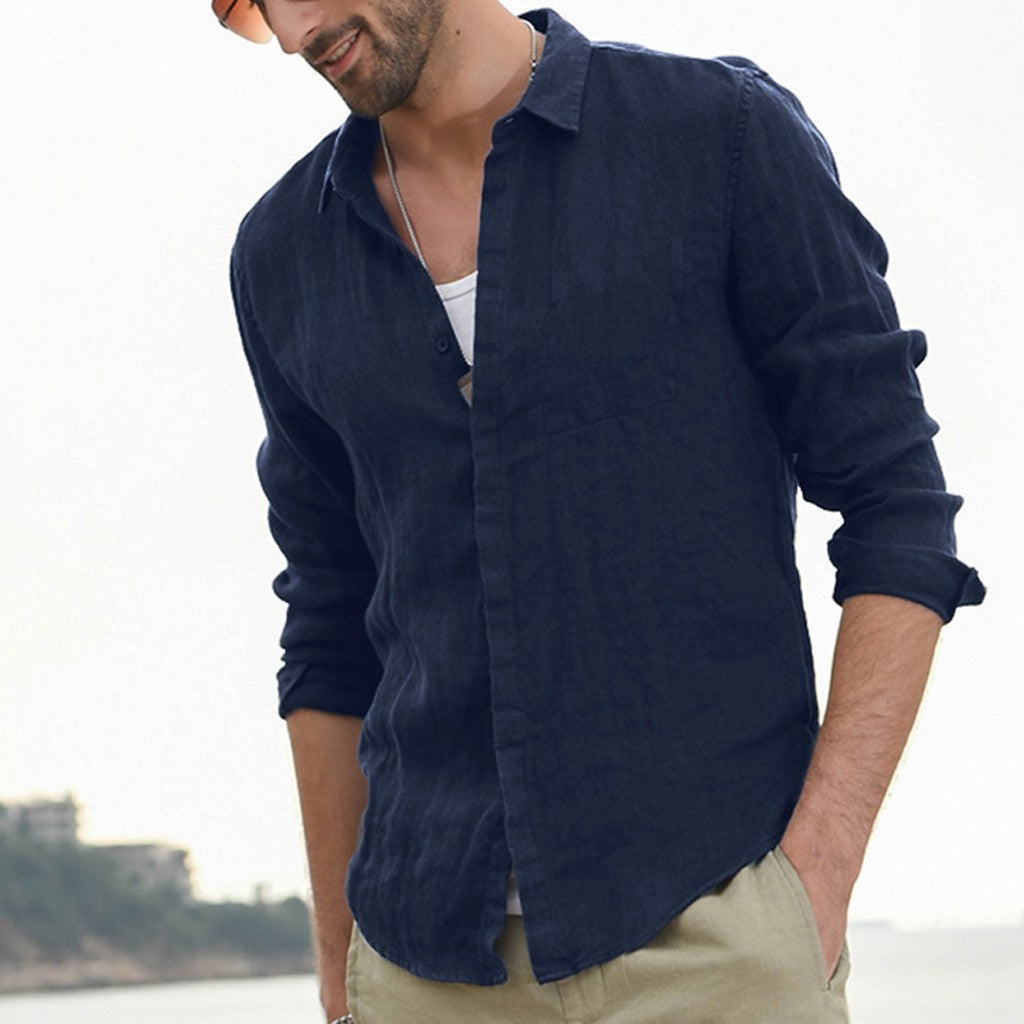 Fashion Long-sleeved Shirt Single-breasted Cotton And Linen Tops Fall Winter Men's Clothing