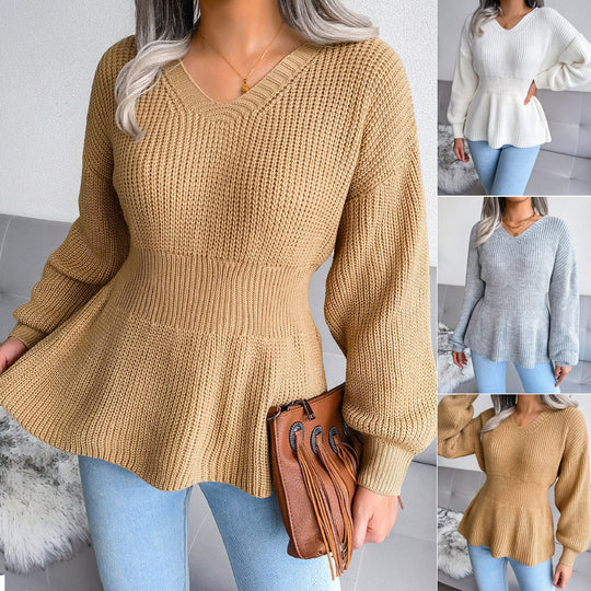 Autumn And Winter Lantern Sleeves Waist Hem Ruffle Knitted Sweater Women's Clothing