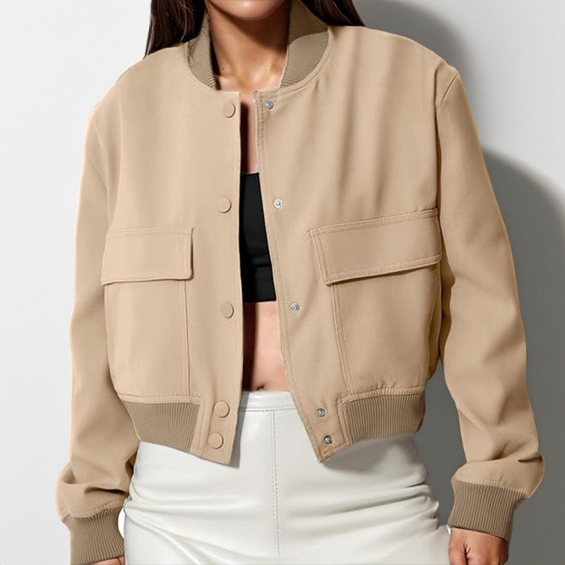 Women’s Casual Short Jacket with Big Pockets and Button-Up Stand Collar