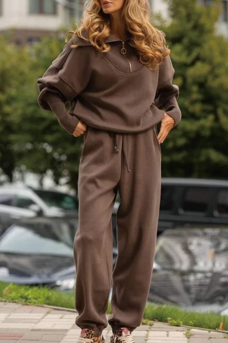 Women's Long Sleeve Zipper Lapel Jumpsuit with Drawstring Pants