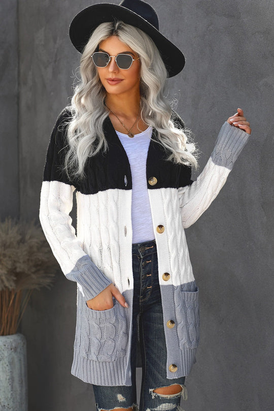 Black Gray Colorblock Button Pocket Knit Cardigan