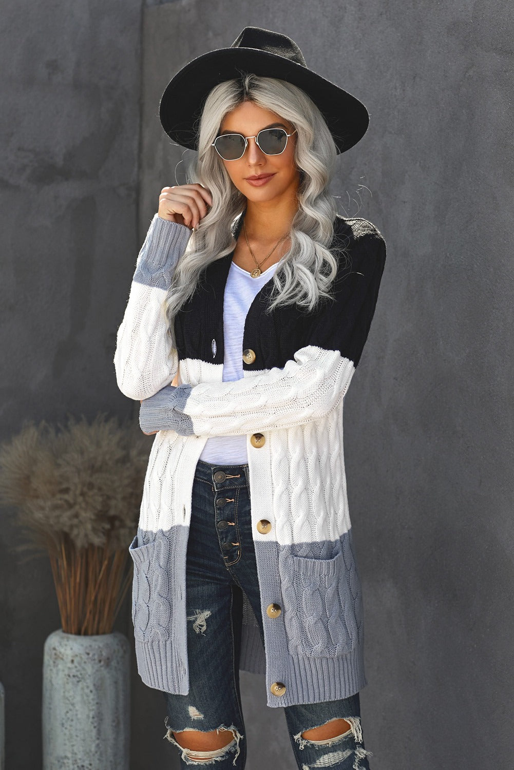 Black Gray Colorblock Button Pocket Knit Cardigan