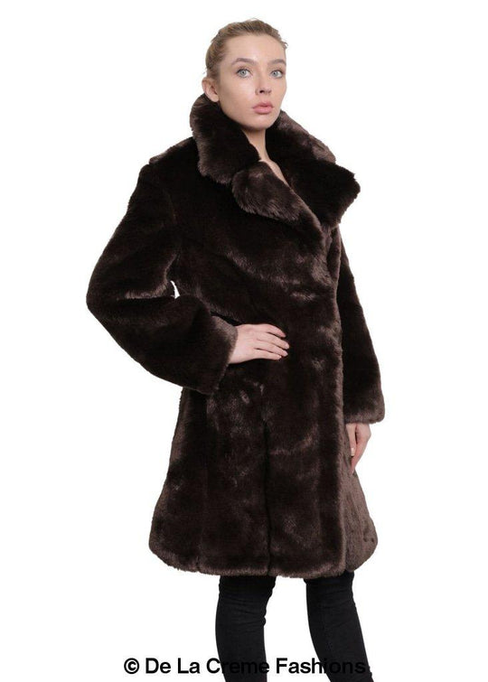 De La Creme - Womens Faux Fur Large Lapel Mid Length Coat