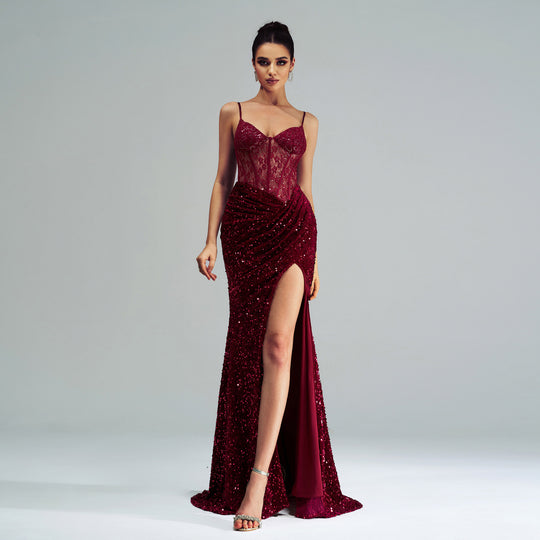 Sequined Spaghetti Strap High-Slit Dress