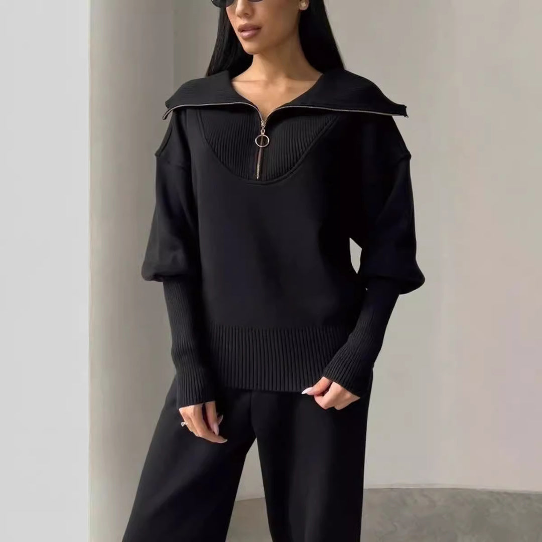 Women's Long Sleeve Zipper Lapel Jumpsuit with Drawstring Pants